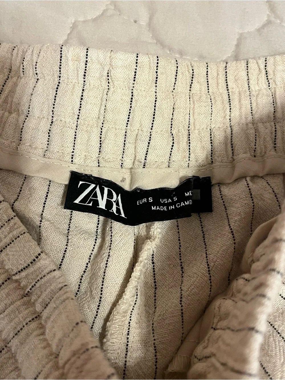 Zara Cream / Off White & Blue Vertical Striped Linen Blend Straight Leg Pants